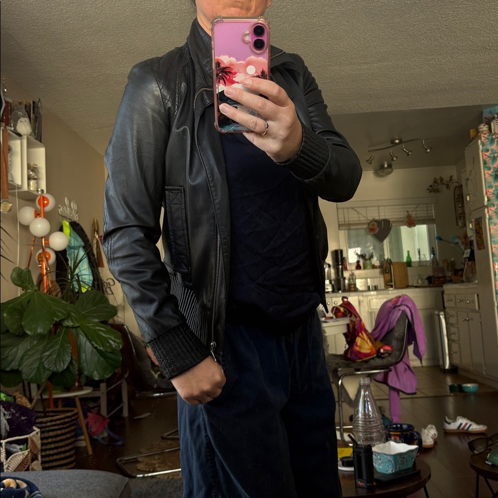 Drykorn Black Calf Leather Jacket with Quilted Shoulders